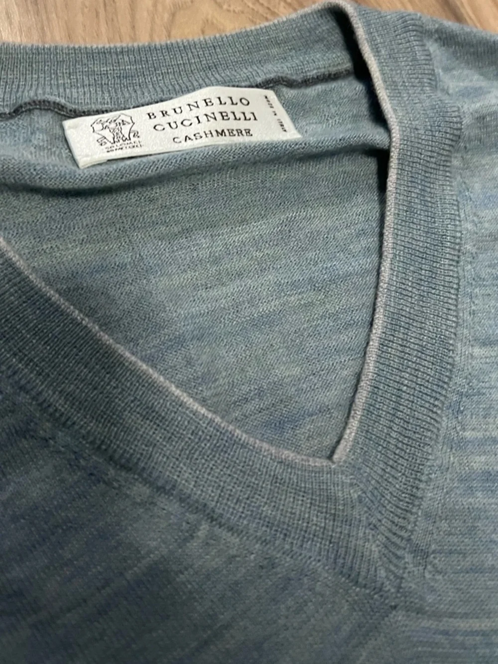 Brunello Cucinelli Light Gray Blue Green V-Neck Wool Cashmere Sweater